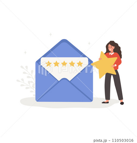 Customer feedback concept. Woman holding huge star. User giving five stars rating. Envelope with client review. Positive response. Vector illustration in flat cartoon style 110503016
