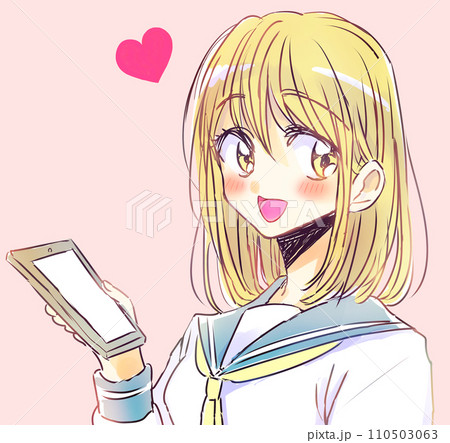 スマホを持つゆるい女子学生　金髪　笑顔 110503063
