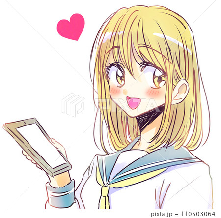 スマホを持つゆるい女子学生　茶髪　笑顔 110503064