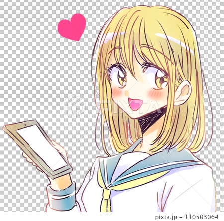 スマホを持つゆるい女子学生　茶髪　笑顔 110503064