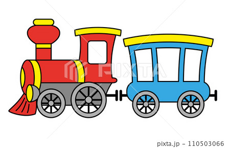 steam train - color cartoon vector illustration of steam locomotive and passenger railroad car, isolated on white 110503066