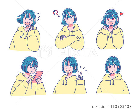 パーカーを着た女の子の表情セット パーカーを着た女の子の表情セット 110503408