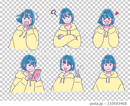 パーカーを着た女の子の表情セット パーカーを着た女の子の表情セット 110503408