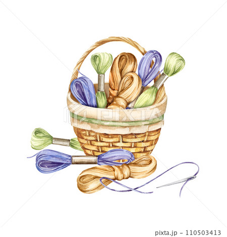 watercolor composition with embroidery tools, hand drawn sketch of handiwork with needlework basket, pastel flosses, green, brown, lilac yarn, skein of thread isolated on white background 110503413