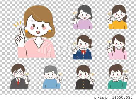 一個人指向並解釋的插圖。各個年齡層的人。 110503580