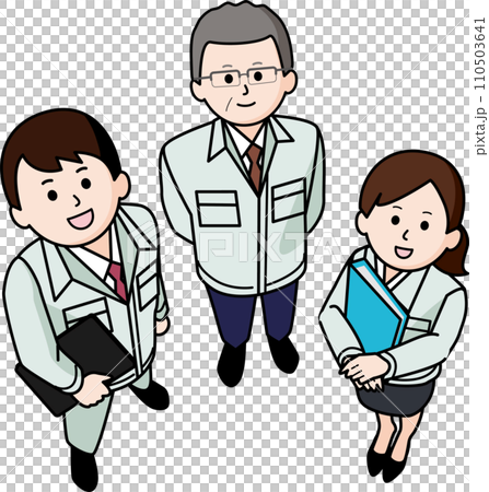 仕事でチームを組む作業着の男女3人 110503641