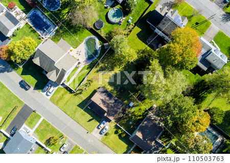 Rooftop views of private homes in small American town community located in New Jersey 110503763