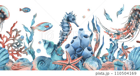 Underwater world clipart with sea animals whale, turtle, octopus, seahorse, starfish, shells, coral and algae. Hand drawn watercolor illustration. Seamless border isolated from the background. Underwater world clipart with sea animals whale, turtle, octopus, seahorse, starfish, shells, coral and algae. Hand drawn watercolor illustration. Seamless border isolated from the background. 110504169