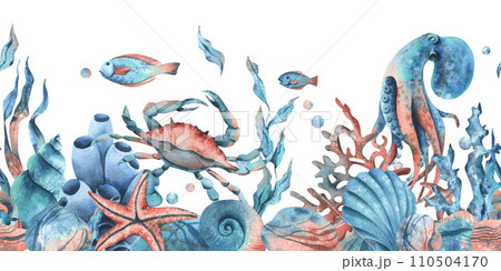 Underwater world clipart with sea animals whale, turtle, octopus, seahorse, starfish, shells, coral and algae. Hand drawn watercolor illustration. Seamless border isolated from the background. Underwater world clipart with sea animals whale, turtle, octopus, seahorse, starfish, shells, coral and algae. Hand drawn watercolor illustration. Seamless border isolated from the background. 110504170