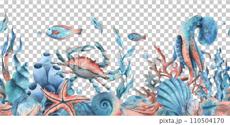 Underwater world clipart with sea animals whale, turtle, octopus, seahorse, starfish, shells, coral and algae. Hand drawn watercolor illustration. Seamless border isolated from the background. Underwater world clipart with sea animals whale, turtle, octopus, seahorse, starfish, shells, coral and algae. Hand drawn watercolor illustration. Seamless border isolated from the background. 110504170