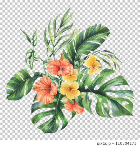 Tropical palm leaves, monstera and flowers of plumeria, hibiscus, bright juicy. Hand drawn watercolor botanical illustration. Composition isolated from the background. 110504173