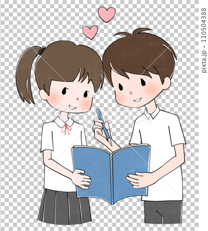 一個男孩和一個女孩穿著校服（夏裝）的插圖 110504388