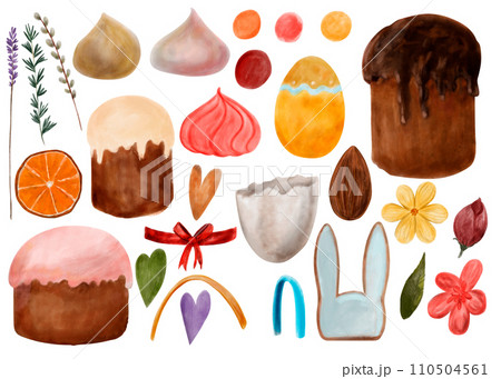 Set of watercolor illustrations Easter. Spring watercolor set, hand-drawn: Easter cakes, flowers, gingerbread, rabbit, meringue, eggs, ribbons, shells 110504561