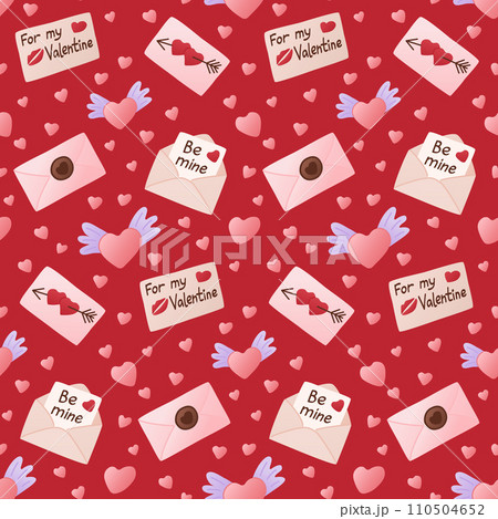 Valentines seamless pattern with flat envelopes, hearts, greeting cards. St Valentines day concept pattern. Trendy print design for textile, wallpaper, wrapping Valentines seamless pattern with flat envelopes, hearts, greeting cards. St Valentines day concept pattern. Trendy print design for textile, wallpaper, wrapping 110504652