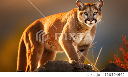 A majestic cougar on a rocky outcrop at sunset A majestic cougar on a rocky outcrop at sunset 110504662