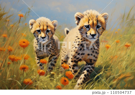 A painting of two cheetahs in a field of flowers 110504737
