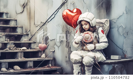 Child in suit sits with a heart balloon 110504782