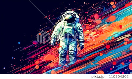 an astronaut in a sleek spacesuit confidently strides through otherworldly terrain 110504802