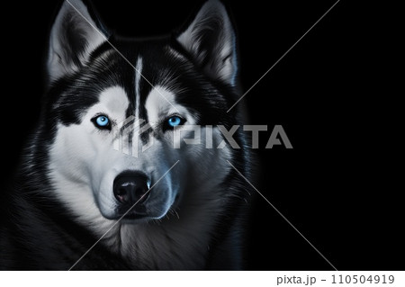 Siberian Husky dog with blue eyes on black background. Copy space for text. Siberian Husky dog with blue eyes on black background. Copy space for text. 110504919