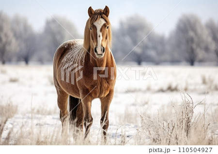 A horse standing in a snowy field A horse standing in a snowy field 110504927