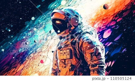 an astronaut in a sleek spacesuit confidently strides through otherworldly terrain 110505124