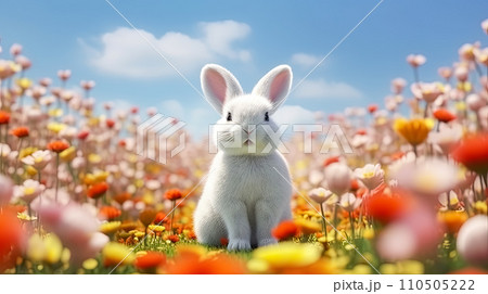Easter joy in bloom, A bunny frolics in a spring field Easter joy in bloom, A bunny frolics in a spring field 110505222