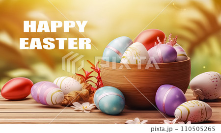 Joyful Easter, A basket brimming with colorful eggs 110505265