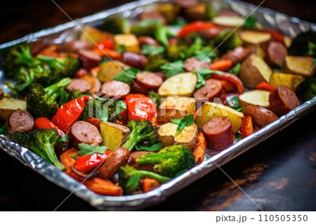 Baked sausage with vegetables on a baking sheet 110505350