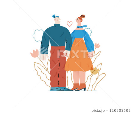 Valentine: Tender Moments -modern flat vector concept illustration of a couple in loving gaze, looking to each other holding hands. Metaphor of blossoming love, unity, affection, connection, growth Valentine: Tender Moments -modern flat vector concept illustration of a couple in loving gaze, looking to each other holding hands. Metaphor of blossoming love, unity, affection, connection, growth 110505503