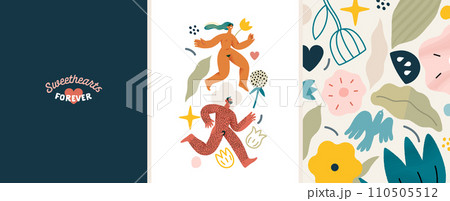 Valentines day cards set - modern flat vector concept illustrations of couples celebrating their love, greeting card design, floral environment. Metaphor of unity, affection, love, connection, growth 110505512