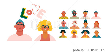 Valentine: Spectrum of Love - modern flat vector concept illustration of a vibrant array of individual portraits celebrating love's diverse expressions. Metaphor for the universal language of love Valentine: Spectrum of Love - modern flat vector concept illustration of a vibrant array of individual portraits celebrating love's diverse expressions. Metaphor for the universal language of love 110505513