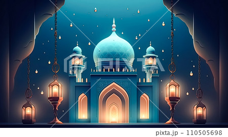 A mosque illuminated in celebration vibrant colors 110505698
