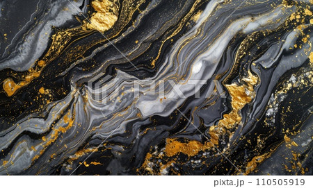 Abstract marbled background. Luxurious elegant black and grey marble stone texture, with gold details. 110505919