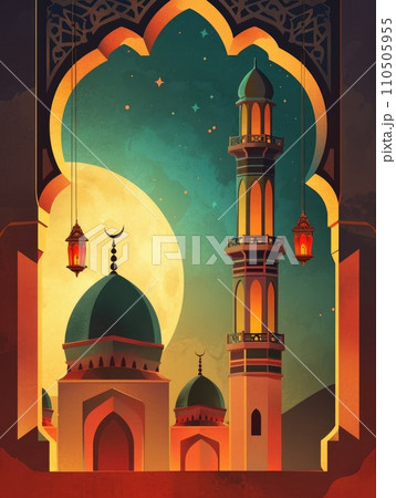 Ramadan Mubarak greeting cards. Windows and arches with moon, mosque dome and lanterns 110505955