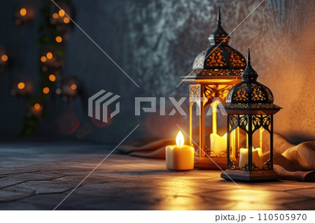 Ornamental Arabic lantern with burning candle glowing at night. Muslim holy month Ramadan Kareem. 110505970
