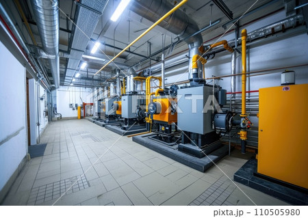 Modern boiler room with gas boilers, industrial heating. 110505980
