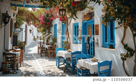 Greek culture with traditional white and blue greek architecture, taverna Greek culture with traditional white and blue greek architecture, taverna 110506037