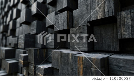 Abstract block stack wooden 3d cubes, black wood texture for backdrop 110506057