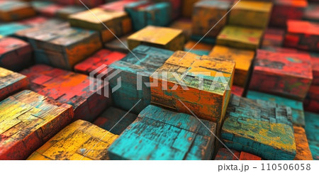 Abstract block stack wooden 3d cubes, colorful wood texture for backdrop 110506058