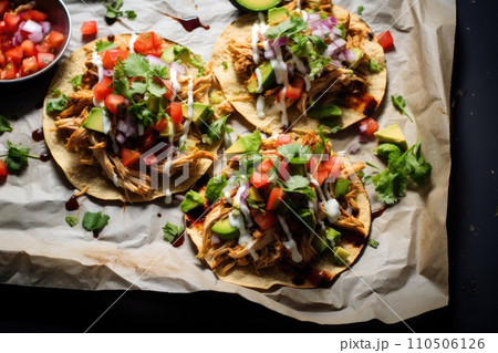 Chicken tostadas on crumpled baking paper Chicken tostadas on crumpled baking paper 110506126