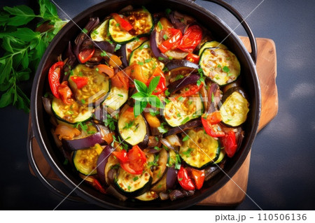 Baked Ratatouille in black casserole. French vegetarian food Baked Ratatouille in black casserole. French vegetarian food 110506136