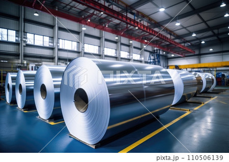 Rolls of galvanized steel sheet inside the factory or warehouse. Industrial production 110506139