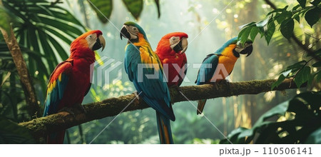 Tropical parrots sitting on a tree branch in the rainforest 110506141