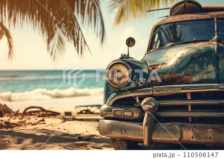 An old car parked on a tropical beach with a canoe on the roof. 110506147