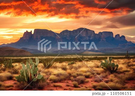Wild West Texas desert landscape with sunset with mountains and cacti. 110506151