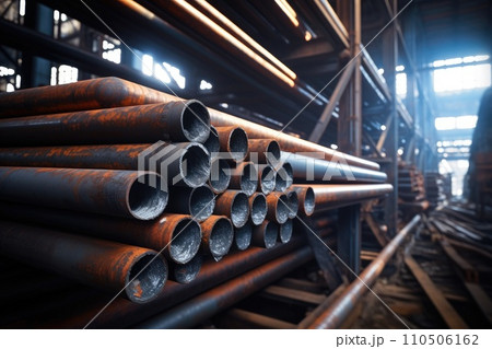 Steel pipes inside the factory or warehouse. Industrial production Steel pipes inside the factory or warehouse. Industrial production 110506162