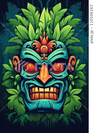Illustration of a tropical Tiki mask. Symbol of a wild tribe in the jungle. Illustration of a tropical Tiki mask. Symbol of a wild tribe in the jungle. 110506167