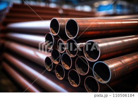 Steel pipes inside the factory or warehouse. Industrial production Steel pipes inside the factory or warehouse. Industrial production 110506184