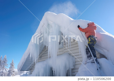 Removing dangerous icicles from the roof of a family house, danger of falling 110506200