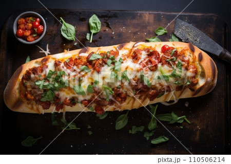 Baked Baguette. French bread pizza on a wooden cutting board 110506214